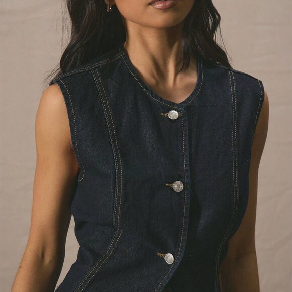 Blue Casual Women's Crew Neck Button Down Longline Fitted Sleeveless Denim Top - Picture 4 of 5